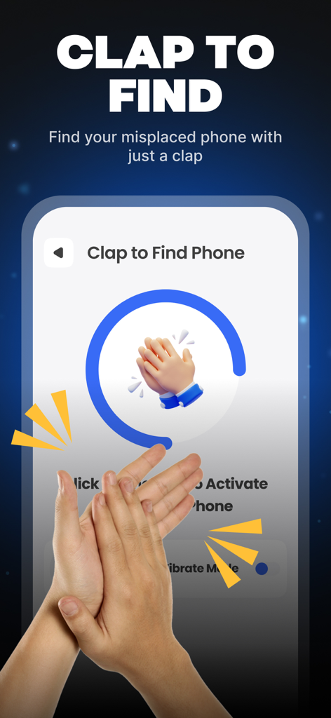 Anti Theft Alarm Motion Alert - Interfaz de una aplicación móvil que muestra la función de aplauso para encontrar el teléfono y localizarlo si se pierde.
