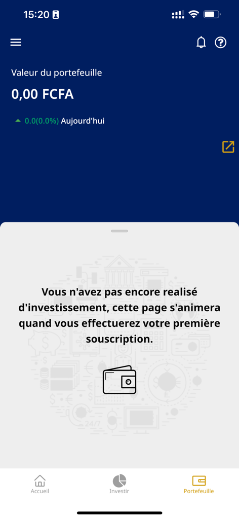 NSIA INVEST - Portfolio view of the NSIA INVEST mobile app showing an empty balance in CFA Francs