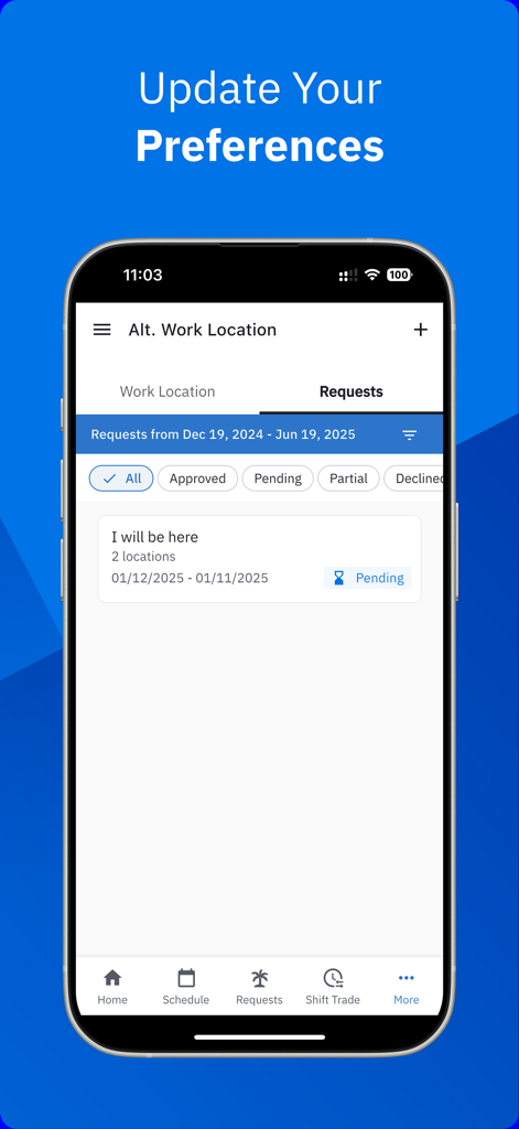 Workcloud Shift - Interface of the Workcloud Shift app showing the alternate work location screen with a pending request