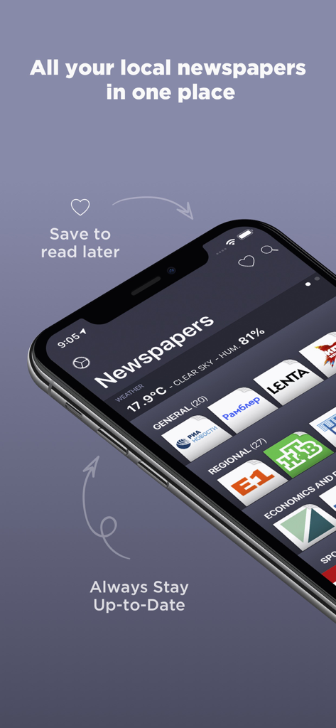 Russian Newspapers - Interfaz de la aplicación Russian Newspapers en un smartphone con varios logotipos de medios rusos como RIA Novosti y Rambler.