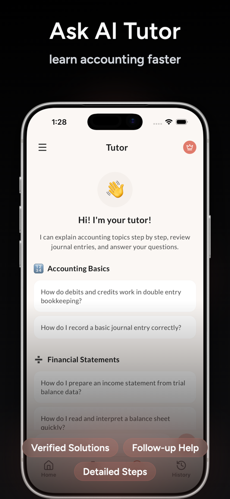 Accounting AI Solver Helper - Captura de pantalla de la función de Tutor IA del Solucionador IA de Contabilidad mostrando temas de estudio para conceptos básicos de contabilidad y estados financieros.