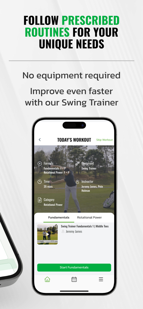 GOLFFOREVER - Mobile app screen showing a personalized golf fitness routine titled Todays Workout with video instructions