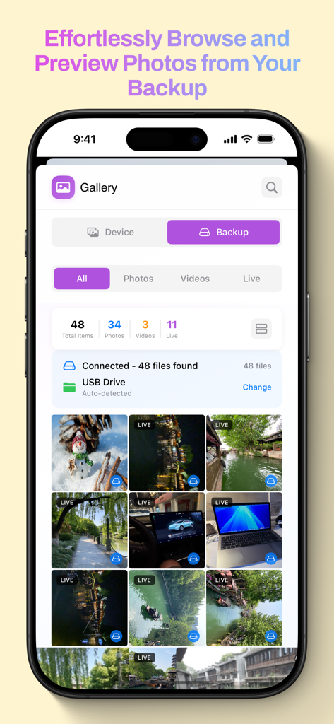 BackiGo - 연결된 USB 드라이브 백업에서 사진 및 비디오를 보여주는 BackiGo 앱 갤러리 보기