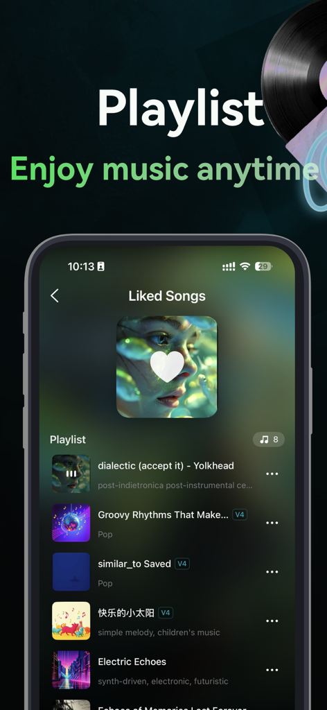 Songdio - AI Music Video Maker - Songdio App-Oberfläche, die eine Liste von „Gefällt mir“-Songs in einer personalisierten Musik-Playlist zeigt