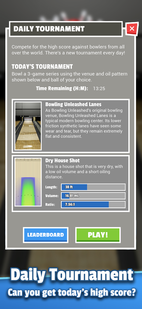 Bowling Unleashed daily tournament screen showing lane conditions and technical oil pattern specifications