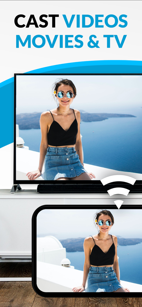 An iPhone wirelessly casting a personal photo to a large smart TV