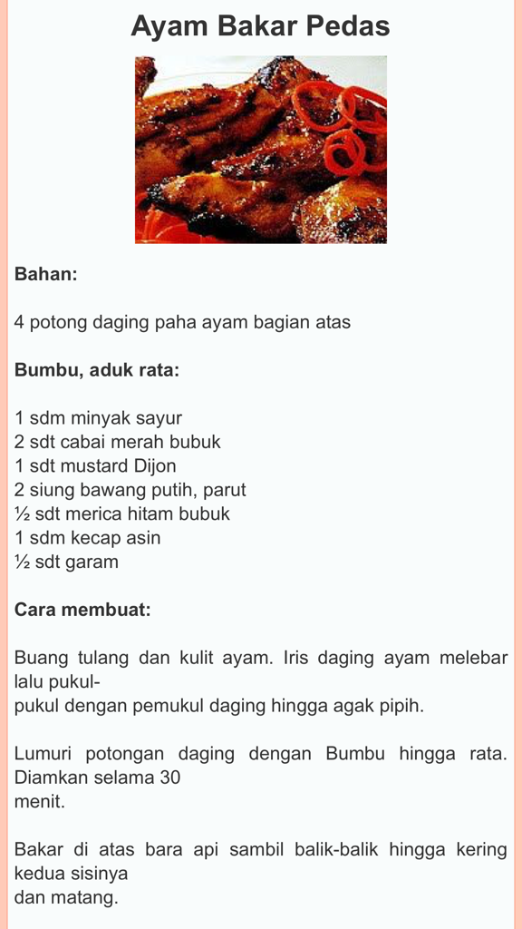 Resep Ayam Indonesia - Captura de pantalla de una receta de pollo a la parrilla picante llamada Ayam Bakar Pedas de la aplicación Resep Ayam Indonesia