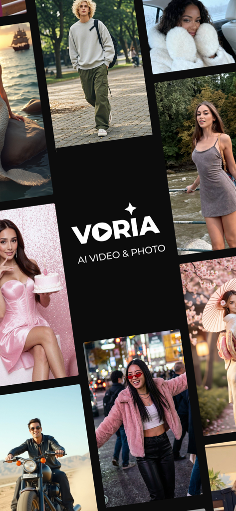 Voria: AI Video & Photo - A collage of aesthetic AI generated photos and videos from the Voria app showcase