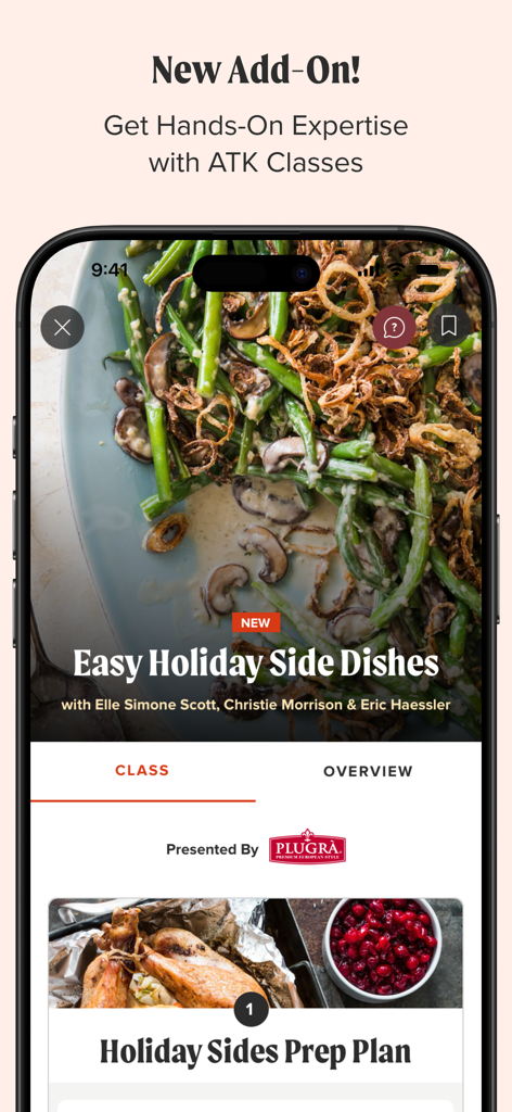America's Test Kitchen - Mobile screen of the America's Test Kitchen app featuring an online cooking class for easy holiday side dishes.