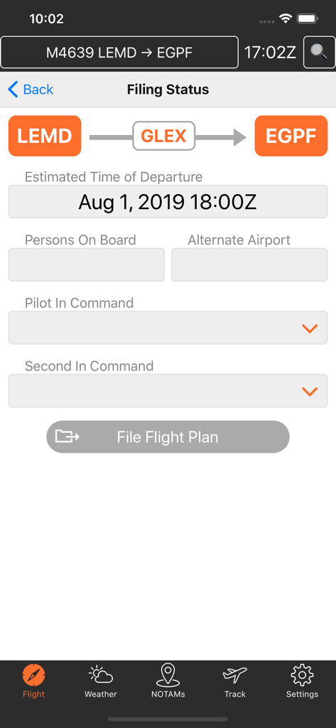 ARINCDirect Mini mobile app screen for filing a flight plan