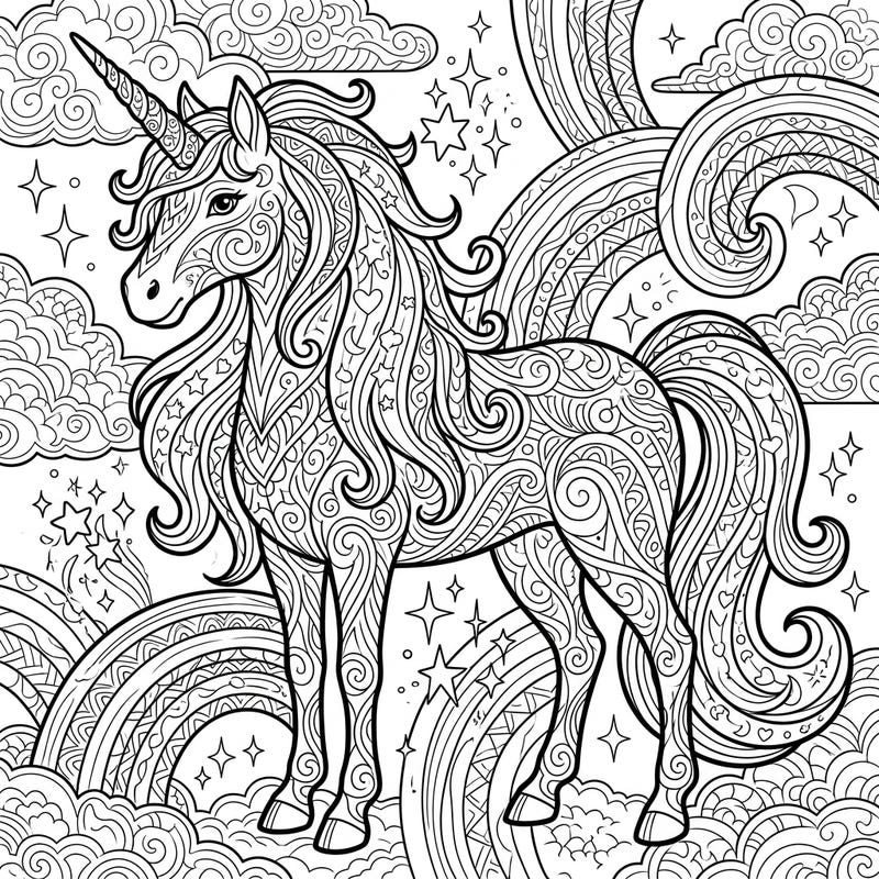 Discover a stunning adult coloring page featuring a majestic rainbow unicorn, intricately designed for hours of creative relaxation. Its detailed patterns and magical background invite you to unwind and unleash your artistic flair.