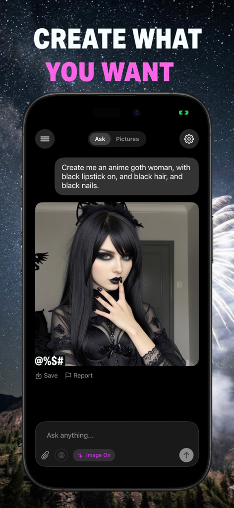 Um smartphone mostrando a interface do aplicativo Unfiltered AI Chat gerando uma imagem de uma mulher gótica a partir de um prompt de texto.