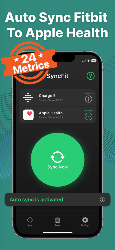 Fitbit Sync to Apple Health - 자동 동기화가 활성화된 Fitbit Charge 5와 Apple Health 간의 성공적인 동기화를 보여주는 SyncFit 앱 대시보드
