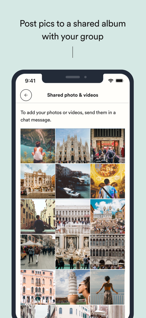 A screenshot of the EF Ultimate Break app showing a shared photo and video gallery with a grid of travel photos from a group trip.