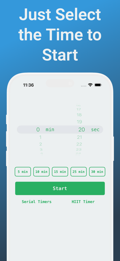 Countdown Timer Aqua Hourglass - A mobile app interface for selecting a countdown duration with a time picker and preset minute buttons