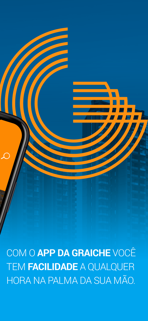 로고와 도시 배경이 있는 Graiche Condominios 앱 환영 화면
