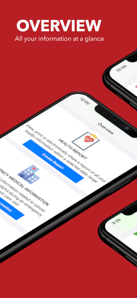 My Cancer Tracker - My Cancer Tracker app overview screen displaying health report and emergency medical information sections on an iPhone.