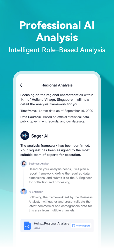 ShopSager app screen showing professional AI analysis for regional business insights