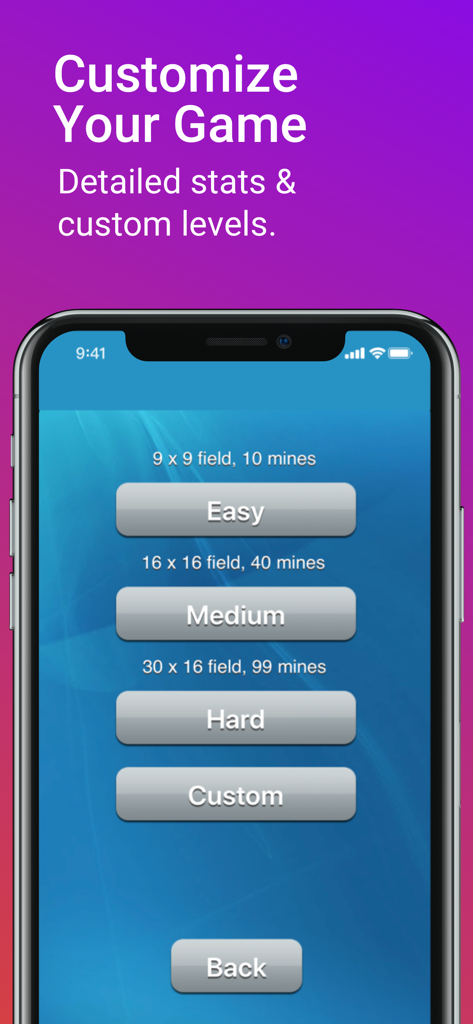 Minesweeper app screen showing game difficulty settings and custom board options
