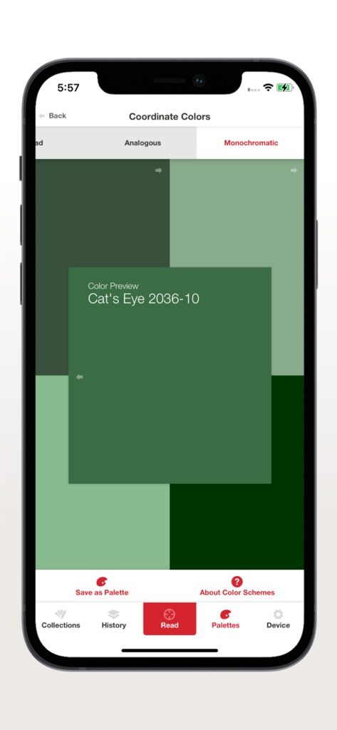 Datacolor ColorReader - Datacolor ColorReader app interface displaying monochromatic green color scheme recommendations for Cat's Eye 2036-10 paint
