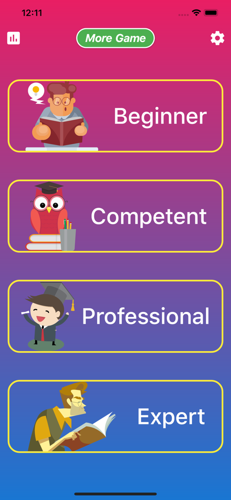 English learning app level selection screen showing beginner competent professional and expert difficulty levels with educational illustrations