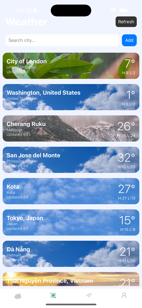 Weather 24/7 Weather360 - Weather 24/7 Weather360 app interface displaying a list of multiple cities with current temperatures and scenic weather backgrounds