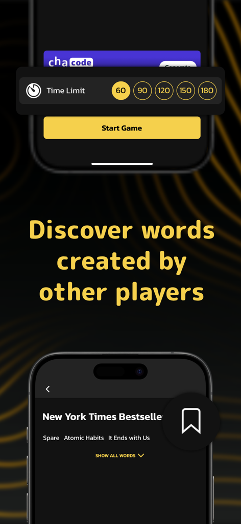 Chanom: AI-Powered Charades - Chanomジェスチャーゲームアプリのインターフェースで、ゲーム時間制限の設定と、発見されたユーザー作成の単語カテゴリーが表示されています。