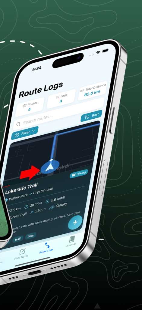 Map 3D Track+ - Smartphone screen showing hiking route logs with distance metrics and trail details