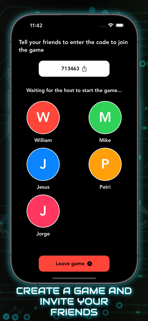Imposter Party game lobby screen showing a join code and five player icons with names