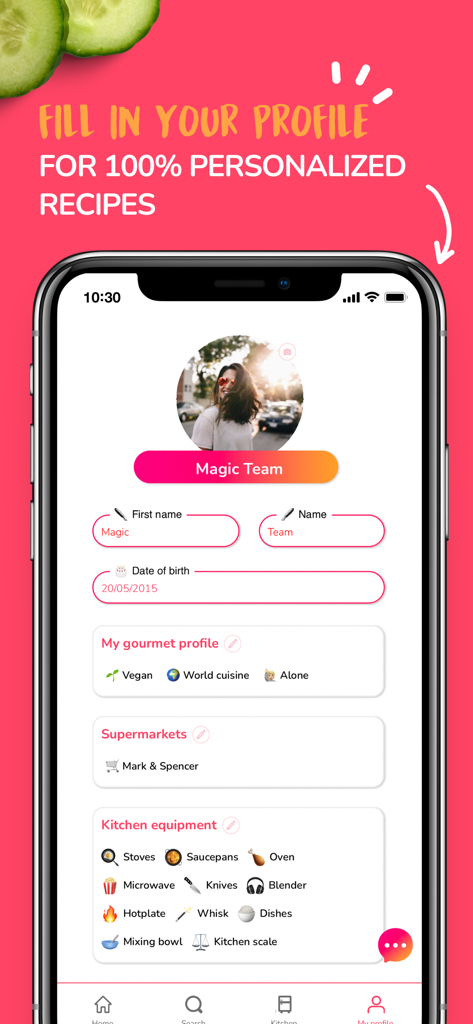 Frigo Magic : French Recipes - 食事やキッチン設備でレシピをパーソナライズするためのFrigo Magicユーザープロフィール画面