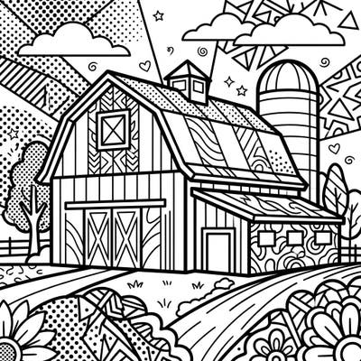 Step into a whimsical farm scene with this unique Pop Art barn coloring page. Designed with large print and clear outlines, it offers a delightful and accessible coloring experience for seniors.
