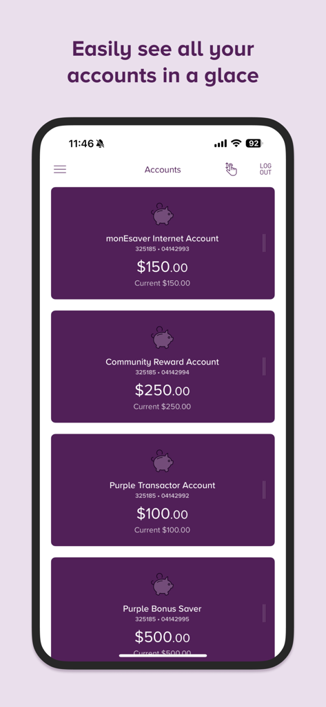 Beyond Bank mobile app dashboard showing a list of different bank account types and their current balances.
