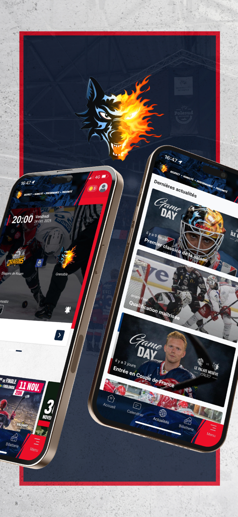 Bruleurs de Loups - Official Brûleurs de Loups app on mobile screens showing latest hockey news and match countdowns