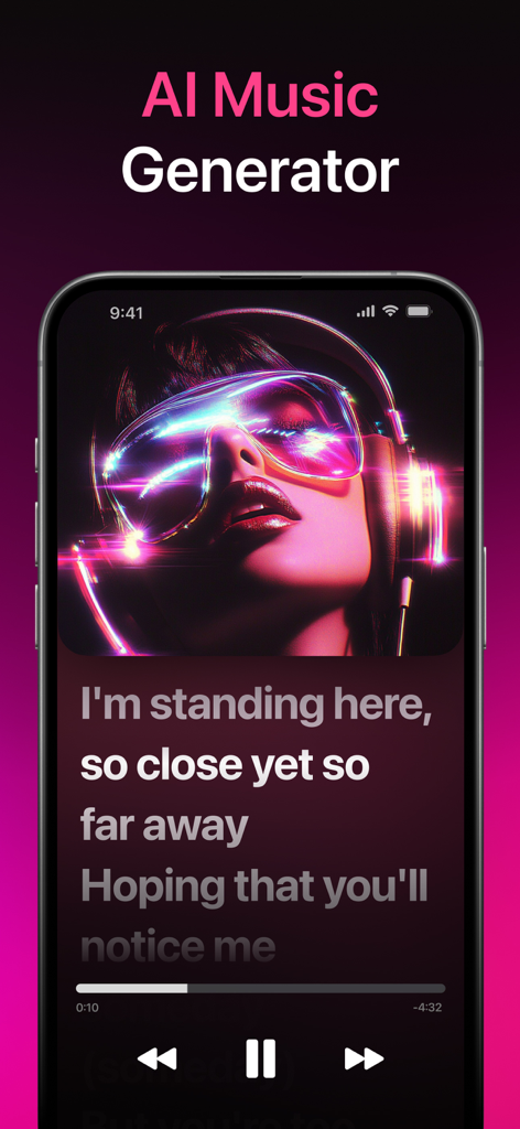 Interfaccia dell'app mobile di aUdio che mostra testi di canzoni generati dall'AI e controlli del lettore musicale.