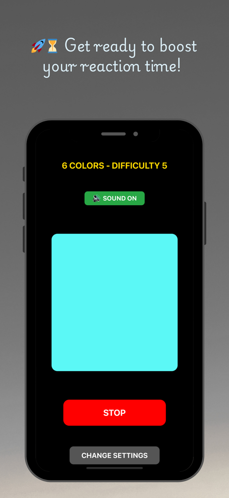 ReactionPro - ReactionPro 앱 인터페이스에 난이도 5단계의 반응 시간 훈련을 위한 하늘색 색상 신호 표시