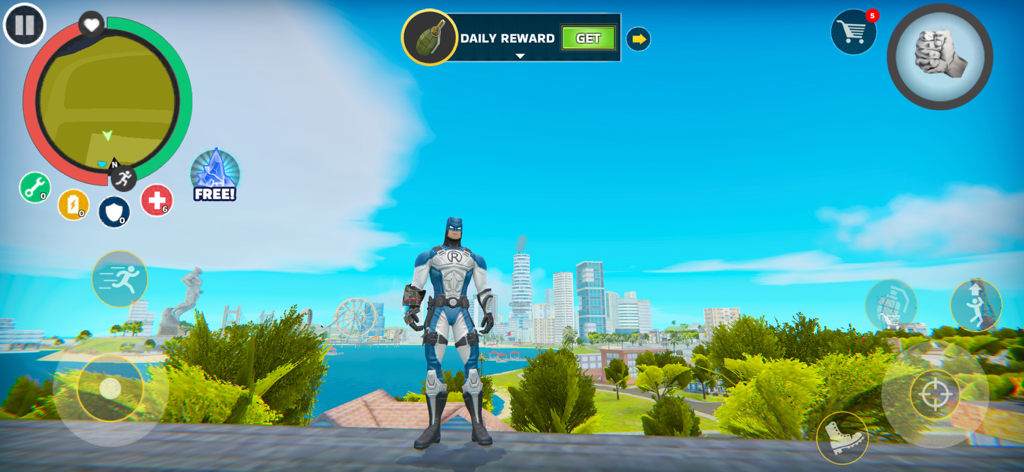 Rope Hero: Mafia City Wars - Superhero character in a blue and white suit overlooking an open world city with a skyline and waterfront.