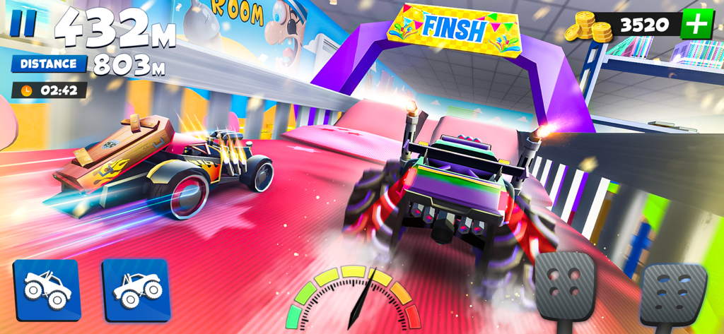 Buggy Racing Games (RaceOff2) - Two customized cars racing on a pink track towards a finish line in a 3D kitchen environment