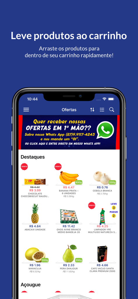 Pague Menos Supermercado - Pague Menos Supermercado mobile app interface showing various grocery products and special offers in Portuguese
