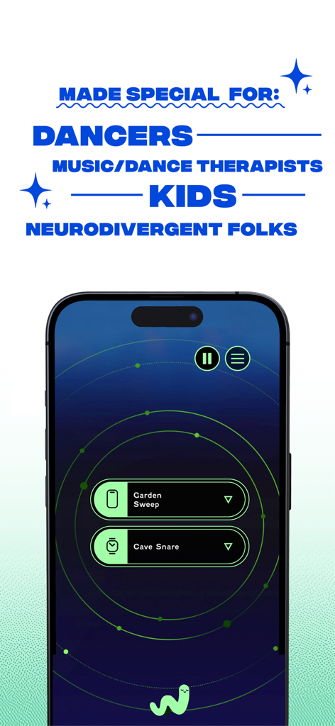 WORM.dance - WORM.dance app screen showing the target audience including dancers music therapists and neurodivergent folks
