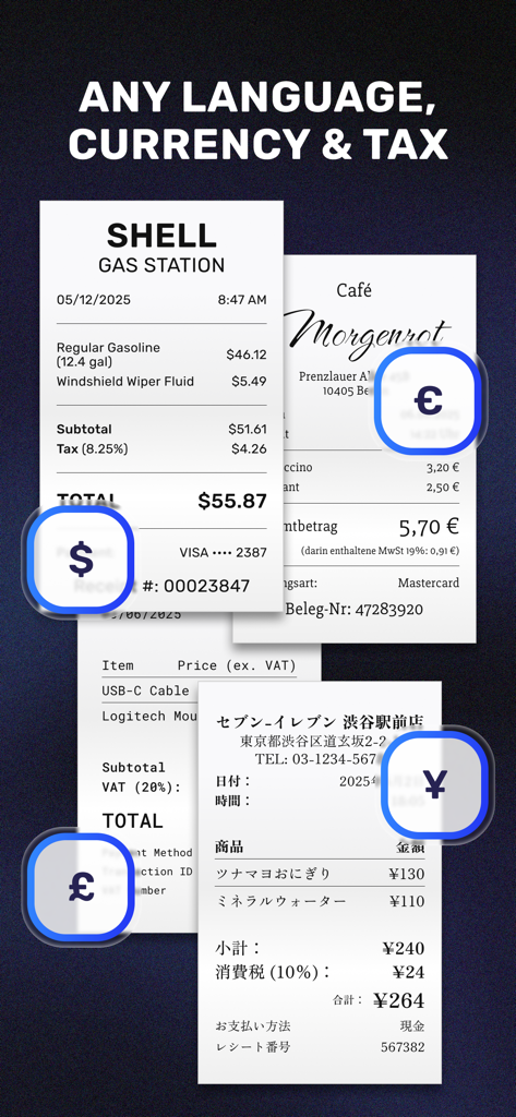 SparkReceipt: Expense Scanner - Recibos digitais em vários idiomas e moedas como dólar, euro, libra e iene exibidos em um fundo escuro.