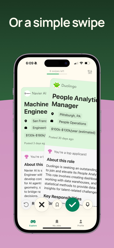 Poozle - AI Job Search - Mobile screen showing Poozle app swipe-to-apply feature for a Duolingo job role