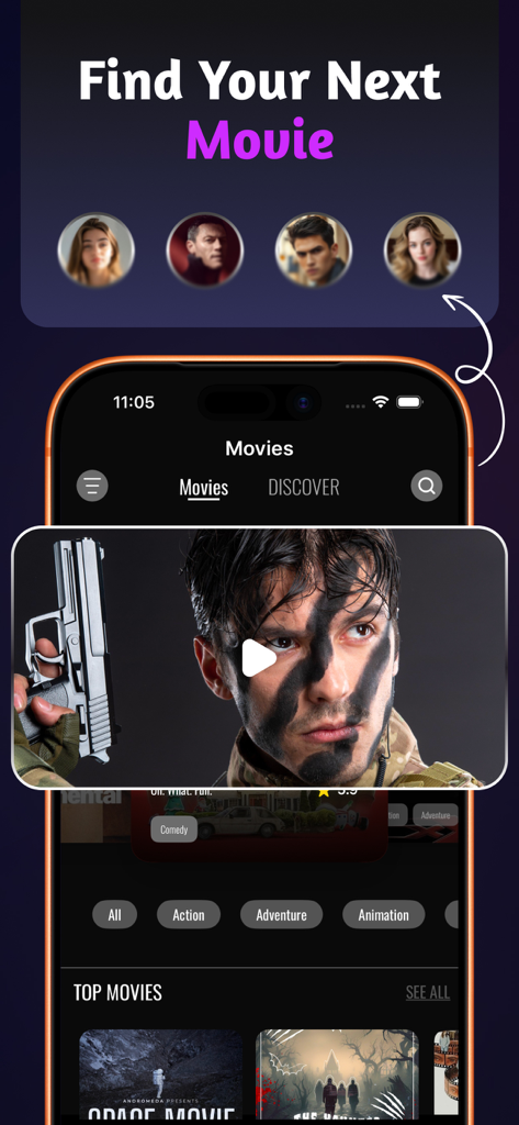 Interfaz de la aplicación móvil Seekee TV mostrando búsqueda de películas y destacados de actores