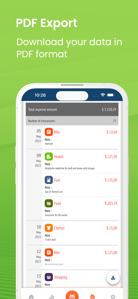Spending Tracker and Manager - Smartphone screen displaying a transaction list and the option to export financial data to PDF.