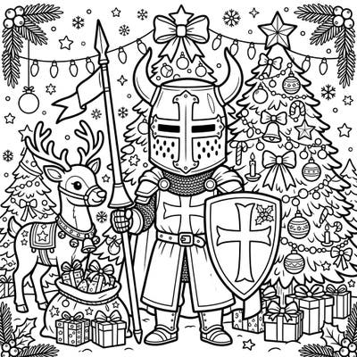 Step into a whimsical world where history meets holiday cheer with this unique Teutonic Knight Christmas coloring page. Perfect for all ages, it invites you to bring a valiant knight and a festive winter scene to life with your favorite colors.