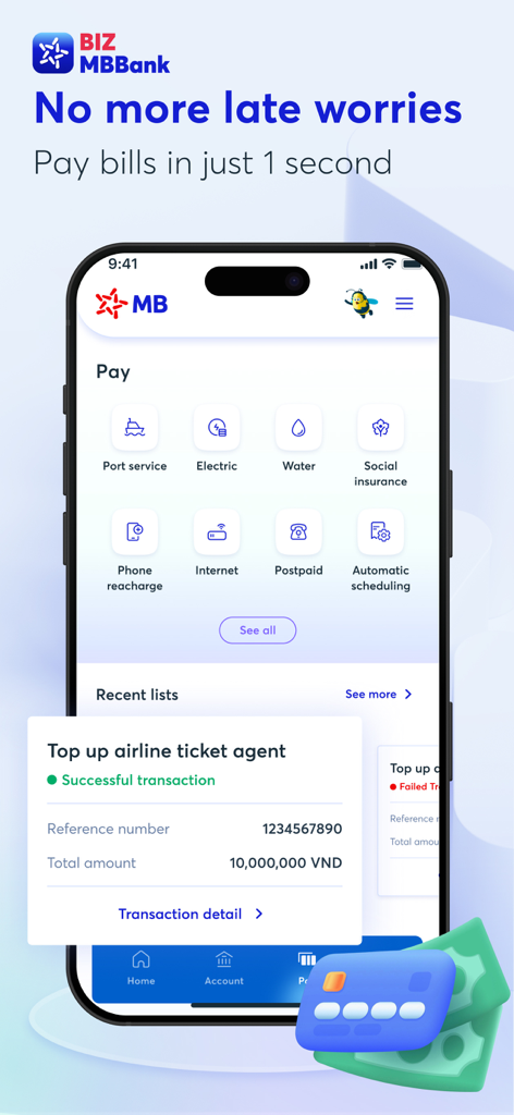 Interfaz de la aplicación móvil BIZ MBBank 2.0 que muestra los servicios de pago de facturas y una notificación de transacción exitosa.