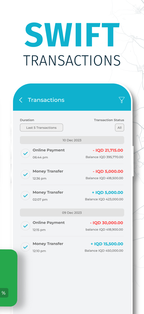 Screenshot der NassWallet-Mobil-App, der eine Liste der letzten digitalen Banking-Transaktionen zeigt, einschließlich Geldüberweisungen und Online-Zahlungen in irakischen Dinar.