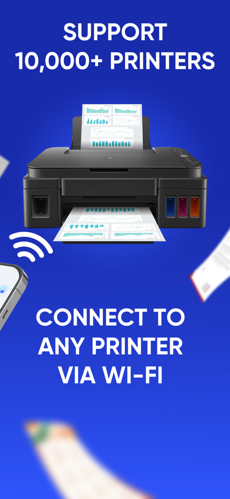 Smart Printer App - Air Print - Smart Printer App showing compatibility with over 10,000 printers via Wi-Fi connection