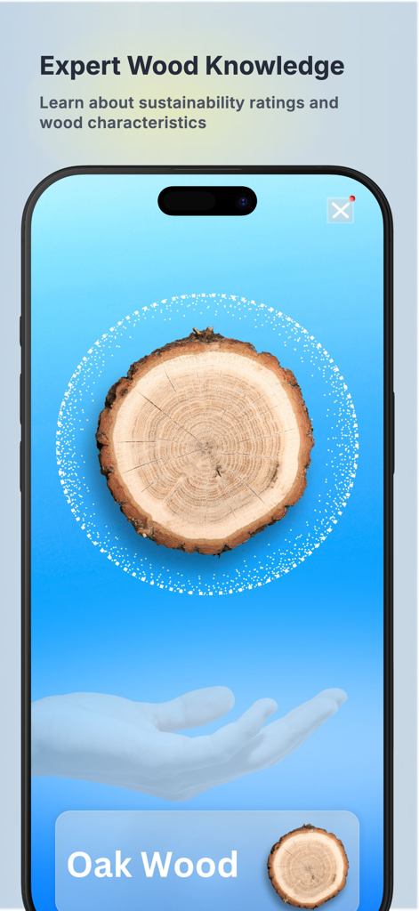 Wood Identifier AI Scanner - Mobile app screen showing the identification of Oak wood with a circular scanning animation and expert wood knowledge text