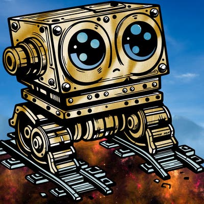 a scrap metal robot that has sort of rails as feet to move around, with big eyes, cute
