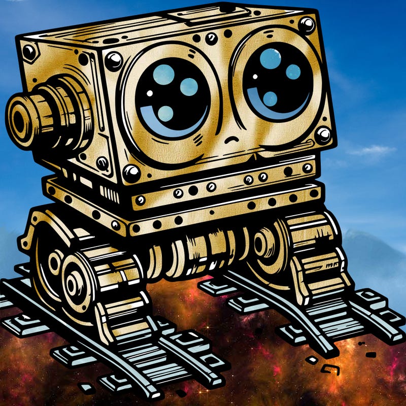 a scrap metal robot that has sort of rails as feet to move around, with big eyes, cute